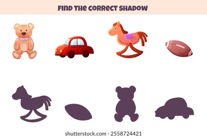Puzzle game for baby find correct shadow with cute teddy bear and toy car