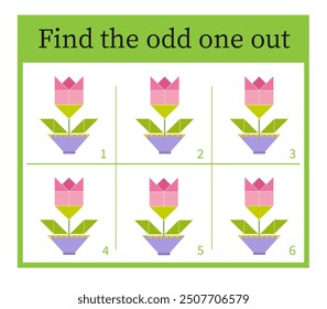 Puzzle game for children. Attention task. Kids activity page. Cartoon flower. Answer is 5. 