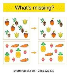 Puzzle game for children. Attention task. Find the missing object.