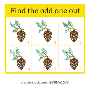 Puzzle game for children. Attention task. Kids activity page. Cartoon pine cone.