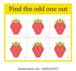 Puzzle game for children. Attention task. Kids activity page. Cartoon strawberry. 
