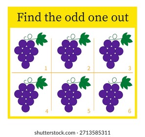 Puzzle game for children. Attention task. Kids activity page. Cartoon grapes. Vector illustration. 