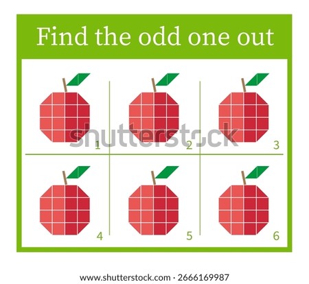 Puzzle game for children. Attention task. Kids activity page. Cartoon red apple. Vector illustration. 