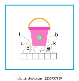 Puzzle game for children. Cartoon bucket vector. Read the word. Vector illustration for kids education. Flat design.