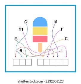 Puzzle game for children. Cartoon ice cream vector. Read the word. Vector illustration for kids education. Flat design.