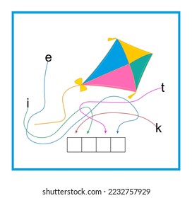 Juego de rompecabezas para los niños. Vector de cometas de dibujos animados. Lean la palabra. Ilustración vectorial para la educación infantil. Diseño plano.