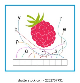 Puzzle game for children. Cartoon red raspberry vector. Cartoon raspberry vector. Read the word. Vector illustration for kids education. Flat design.