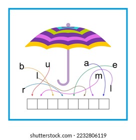 Juego de rompecabezas para los niños. Vector de paraguas de dibujos animados. Lean la palabra. Ilustración vectorial para la educación infantil. Diseño plano.