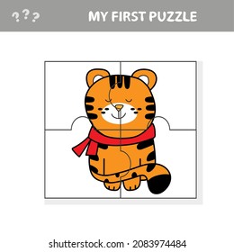 Puzzle game for children - Christmas tiger, education game for kids. Cute tiger