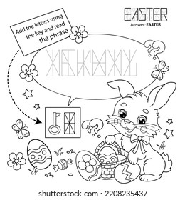 Puzzle Game for children. Coloring Page Outline Of cartoon cute Easter bunny with eggs and sweets. Coloring Book for kids.