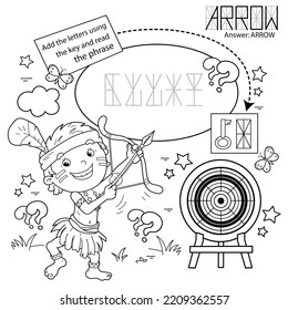 Puzzle Game for children. Coloring Page Outline Of Coloring Page Outline Of cartoon cheerful boy indian with bow for shooting and arrow and with target. Coloring Book for kids.  