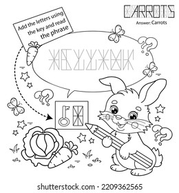 Puzzle Game for children. Coloring Page Outline Of cartoon cute bunny or rabbit with carrot and cabbage. Coloring Book for kids.