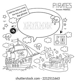 Puzzle Game for children. Coloring Page Outline Of Coloring Page Outline Of cartoon pirate ship with treasure island. Coloring Book for kids.  