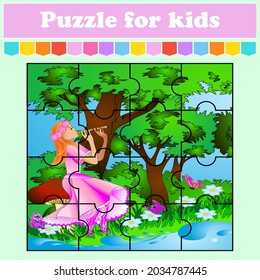 Puzzle game for children. The fairy plays the flute, sitting on the mushroom. Education worksheet. Activity page color. Riddle for preschoolers. Isolated vector illustrations. Cartoon style. 