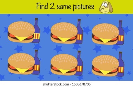 Puzzle game for children. Find 2 same pictures. Preschool worksheet activity for kids. Education task, iq test, brain.