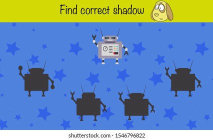 Puzzle game for children. Find correct shadow. Preschool worksheet activity for kids. Education game, iq test, brain training