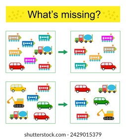 Puzzle game for children. Find the missing object. Cartoon transports.