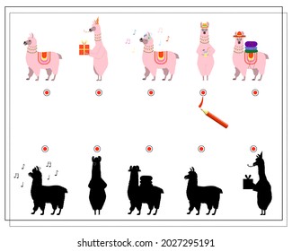 A puzzle game for children, find the right shadow for a cartoon llama. vector isolated on a white background.