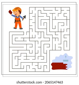 A puzzle game for children, go through the maze, the builder builds a wall. vector isolated on a white background.