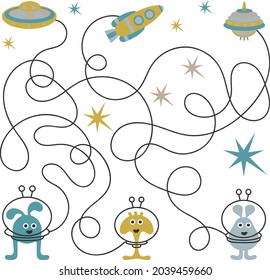 Puzzle game for children. Help the cosmic aliens get to spaceships. Cartoon style. Vector illustration on a white background