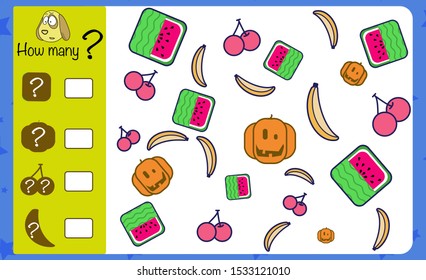 Puzzle game for children. How many objects? Preschool worksheet activity for kids. Education game, iq test, count. 