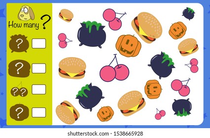 Puzzle game for children. How many objects? Preschool worksheet activity for kids. Education game, iq test, count. 