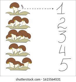 Puzzle game for children.  How many mushrooms.  Teaches to count to 5, the first mathematical steps. Developing kids attentiveness and spatial, mathematical thinking skills. IQ training test.