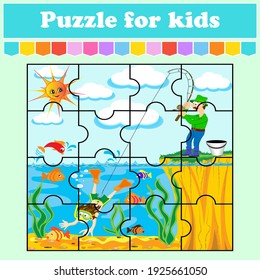 A puzzle game for children. joke about a fisherman. Education worksheet. Color activity page. Riddle for preschoolers. Isolated vector illustrations. Cartoon style. 