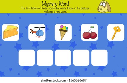 Puzzle game for children. Make a word using first letters. Preschool printable worksheet activity for kids. Education game, iq test, brain training
