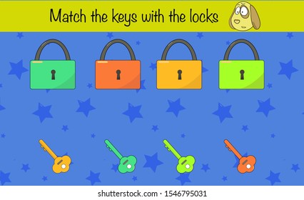Puzzle game for children. Match the keys. Preschool worksheet activity for kids. Education game, iq test, brain training