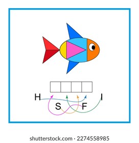 Puzzle game for children. Read the word: fish. Vector illustration for kids education. Flat design.