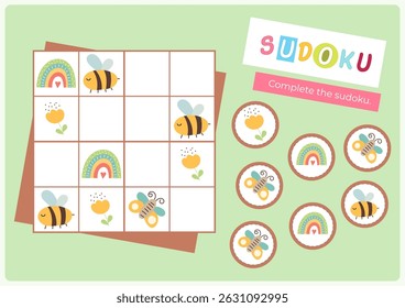 Puzzle game for children. Sudoku game. Vector illustration. Learning Page for kids activity book. Worksheet flash card format.