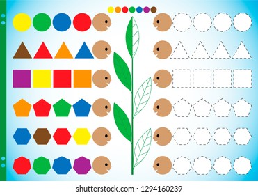 A puzzle game for children. The task is to circle geometrical figures along dashed lines and color them in the corresponding colors in a mirror image. Worksheet for printing. Vector illustration