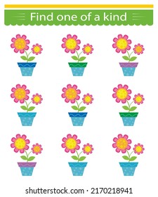 Puzzle game for children. Task for development of attention and logic. Need to find one of a kind flower pot. Visual intelligence. Vector illustration.