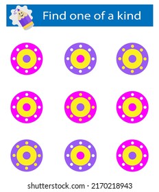 Puzzle game for children. Task for development of attention and logic. Need to find one of a kind circle. Vector illustration.