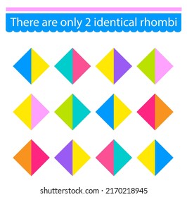 Puzzle game for children. Task for development of attention and logic. Need to find two identical rhombi. Vector illustration.