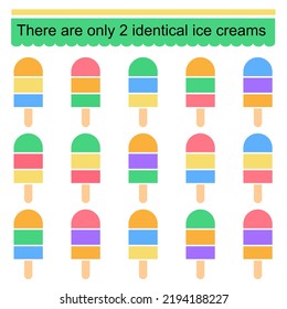 Puzzle game for children. Task for development of attention and logic. Need to find two identical ice creams. Vector illustration.