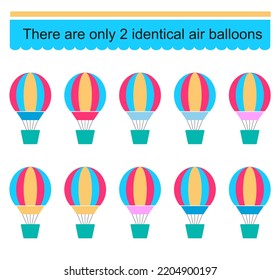 Puzzle game for children. Task for development of attention and logic. Need to find two identical air balloons. Vector illustration.