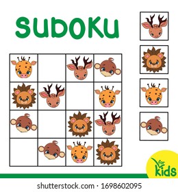 Puzzle game for children. Vector illustration. Sudoku. Giraffe, lion, monkey and deer