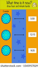 Puzzle game for children. What time is now. Preschool worksheet activity for kids. Education game, iq test, brain training