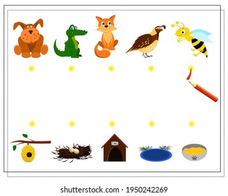 A puzzle game for children where is whose home. Guide the cartoon animals to their homes. Who lives where. Vector