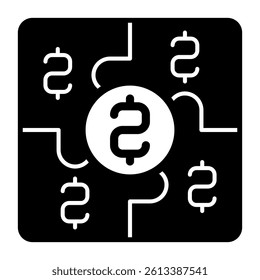 Puzzle game with coins solid icon, financial advice concept. Vector graphics. Savings, economy, income sign on white background, glyph style mobile or design