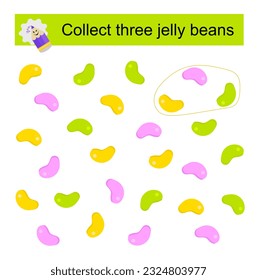 Puzzle game. Collect the three jelly beans. Vector illustration of green, pink and yellow jelly beans. Flat style design.