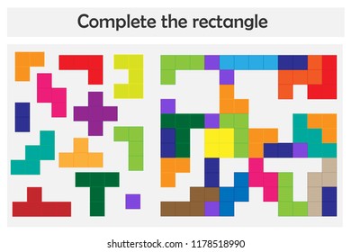 Puzzle game with colorful details for children, complete rectangle, level 3, education game for kids, preschool worksheet activity, task for the development of logical thinking, vector illustration