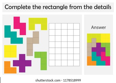 Puzzle game with colorful details for children, complete rectangle, level 4, education game for kids, preschool worksheet activity, task for the development of logical thinking, vector illustration