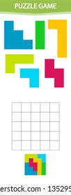 Puzzle game with colorful details for children, complete rectangle,  education game for kids, preschool worksheet activity, task for the development of logical thinking, vector illustration