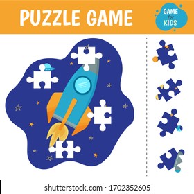 Cosmos de juegos de rompecabezas. Cohetes voladores en el espacio. Encuentre la parte correcta del rompecabezas. Actividad para niños en edad preescolar. Ilustración vectorial.