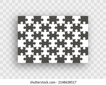 Puzzle game cutting template. Scheme of thinking game with 54 black and white pieces. Jigsaw outline grid. Modern background with separate shapes. Mosaic silhouette details. Vector illustration.