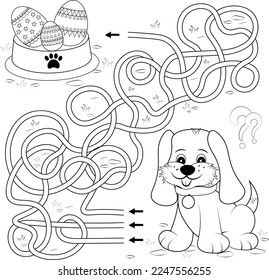 Puzzle game dog and bowl of easter eggs. Children's book coloring book