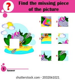 Puzzle game. Educational games for children. Find the missing piece of the picture. A cute unicorn is rafting in a kayak. Cartoon vector illustration for kids